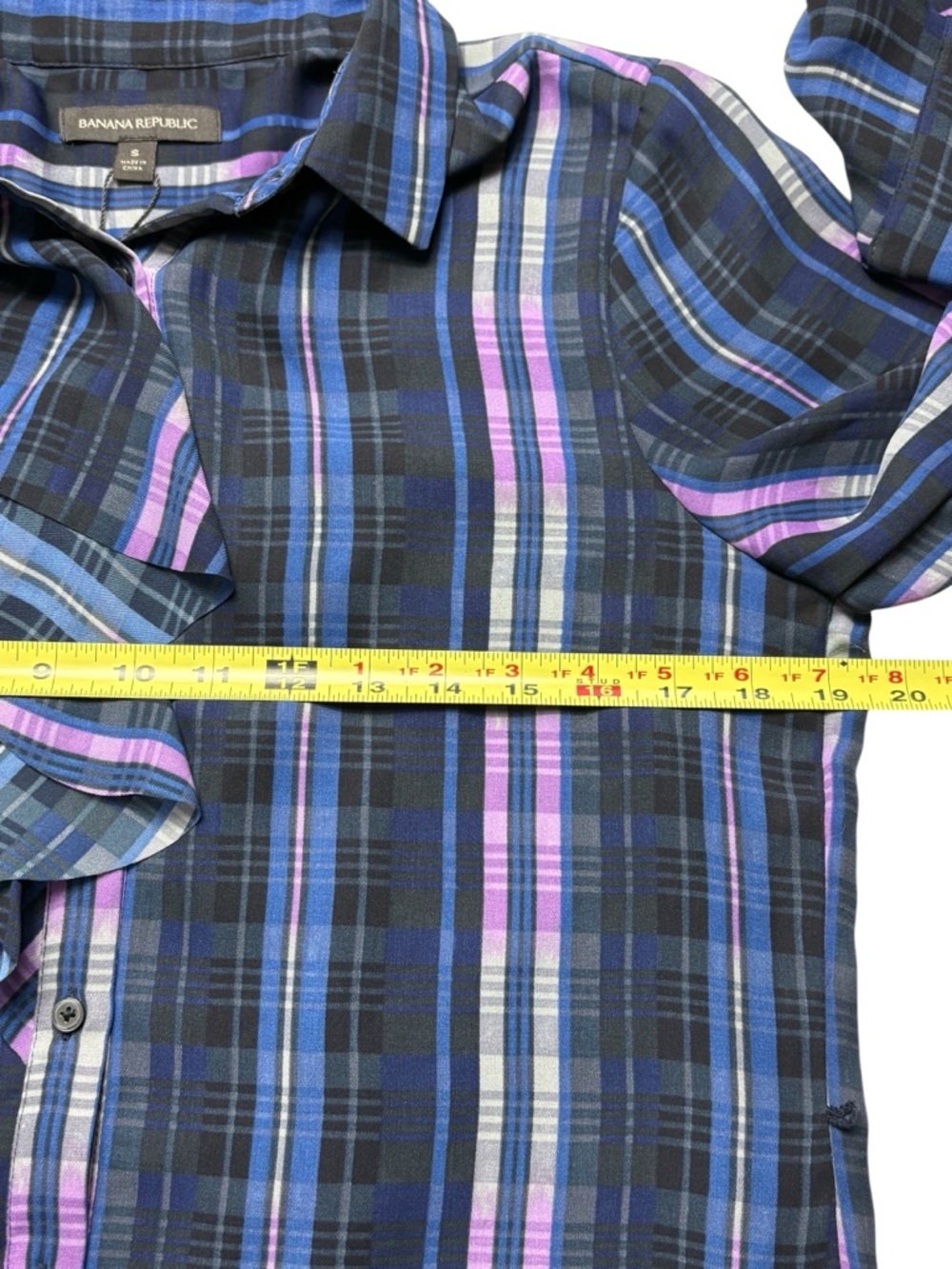 Banana Republic Plaid Ruffle Front Dillon Shirt Dress • Size S • Blue & Purple - Picture 6 of 9